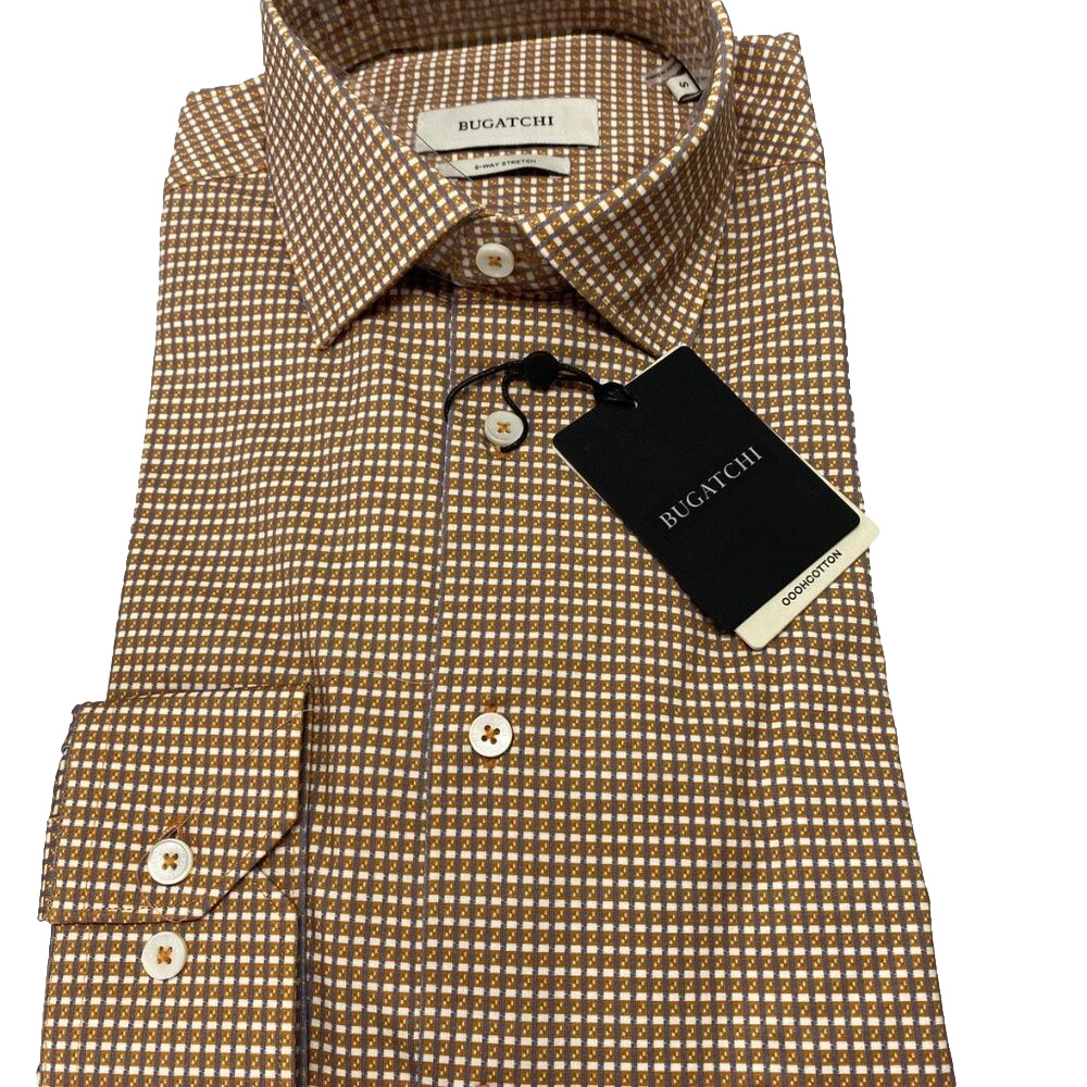 Bugatchi Men’s James Mini Check OohCotton Button-Up Shirt Size S Jaffa Orange